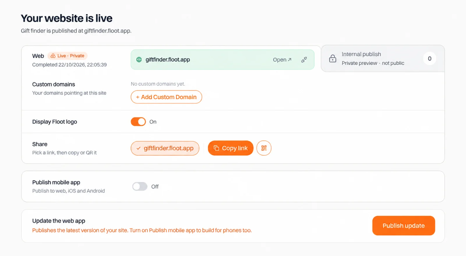 Figure 14 The Publish mobile app switch starts off.