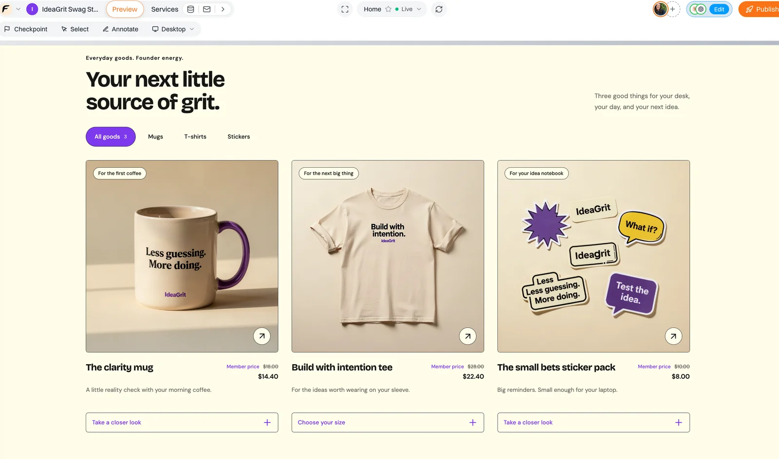 The swag store showing 20% member prices to a verified paying IdeaGrit customer