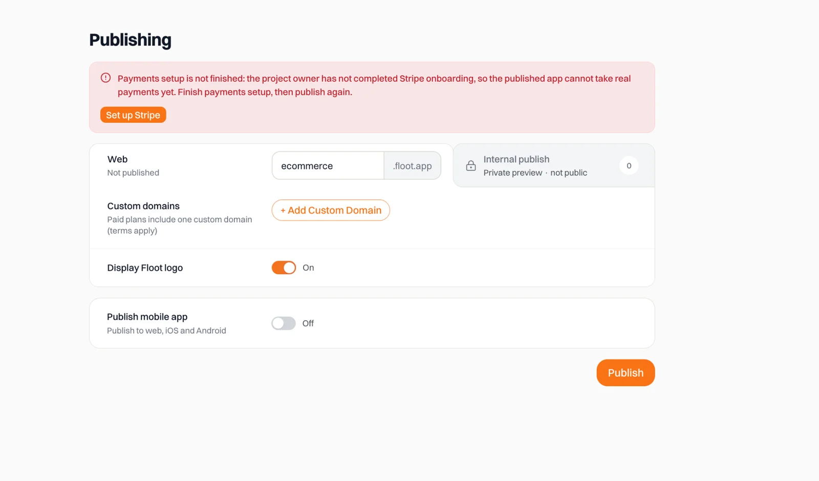 The Publish screen saying Stripe setup is not finished, with a Set up Stripe button