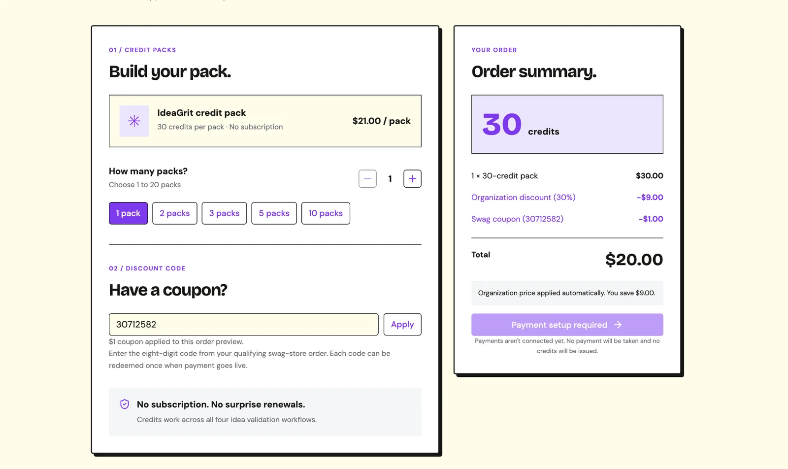 IdeaGrit's checkout preview applying the coupon to the organisation credit pack