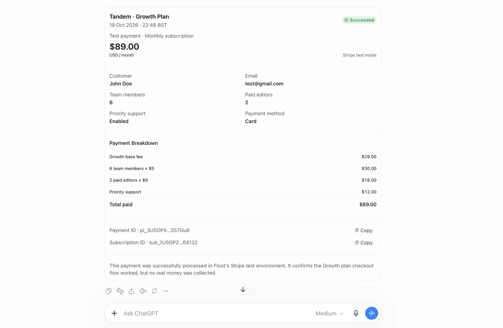 ChatGPT showing the $89 Growth plan test payment with customer details and cost breakdown