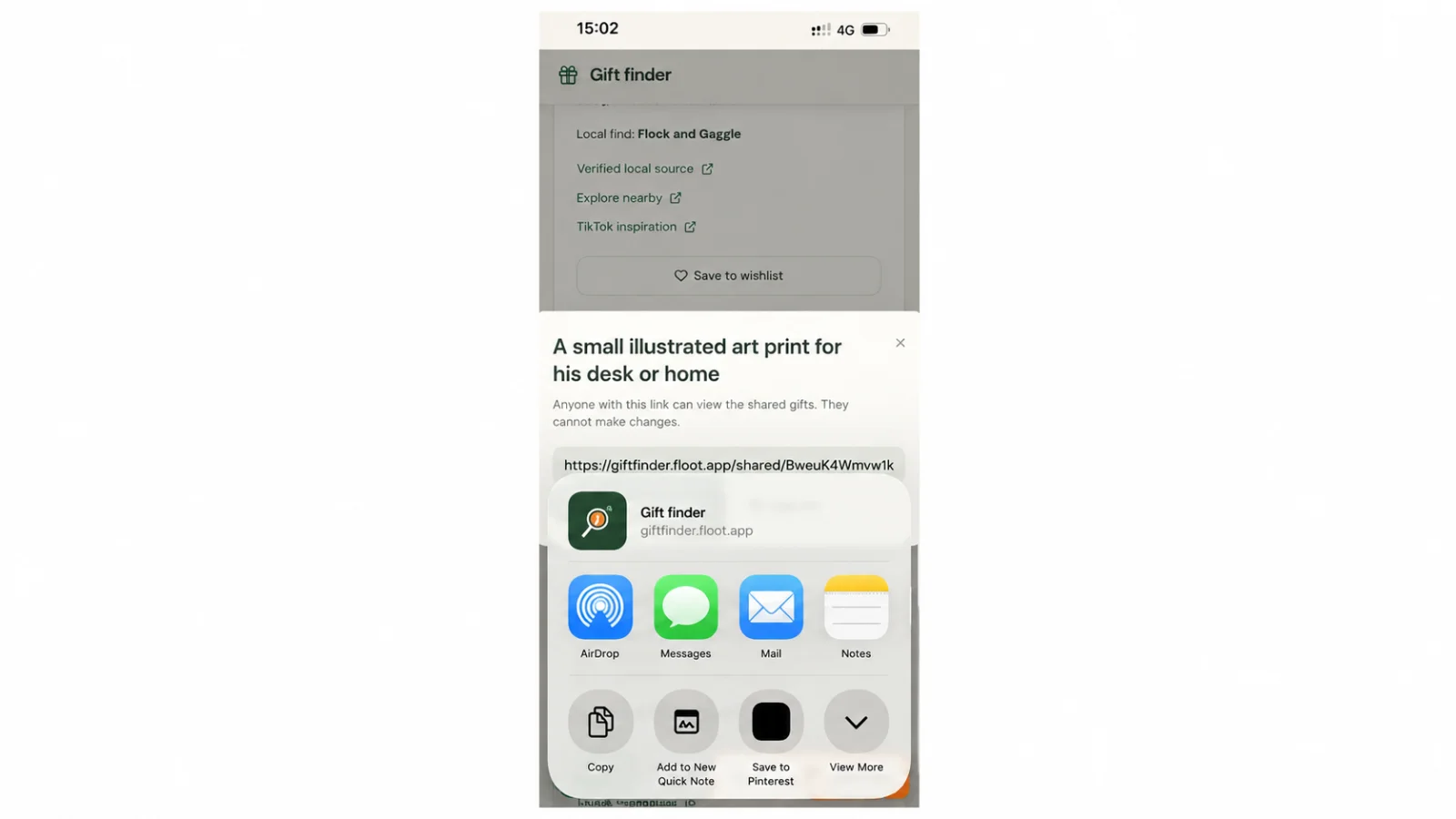 Figure 28 The iPhone native share sheet offers Messages, Mail and other destinations.