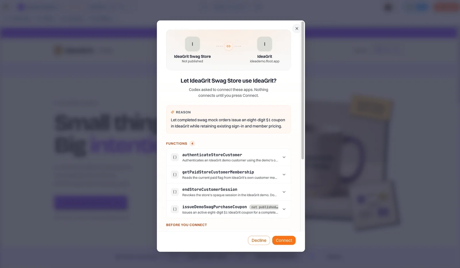 A second Connect dialog asking to add IdeaGrit's coupon-issuance feature
