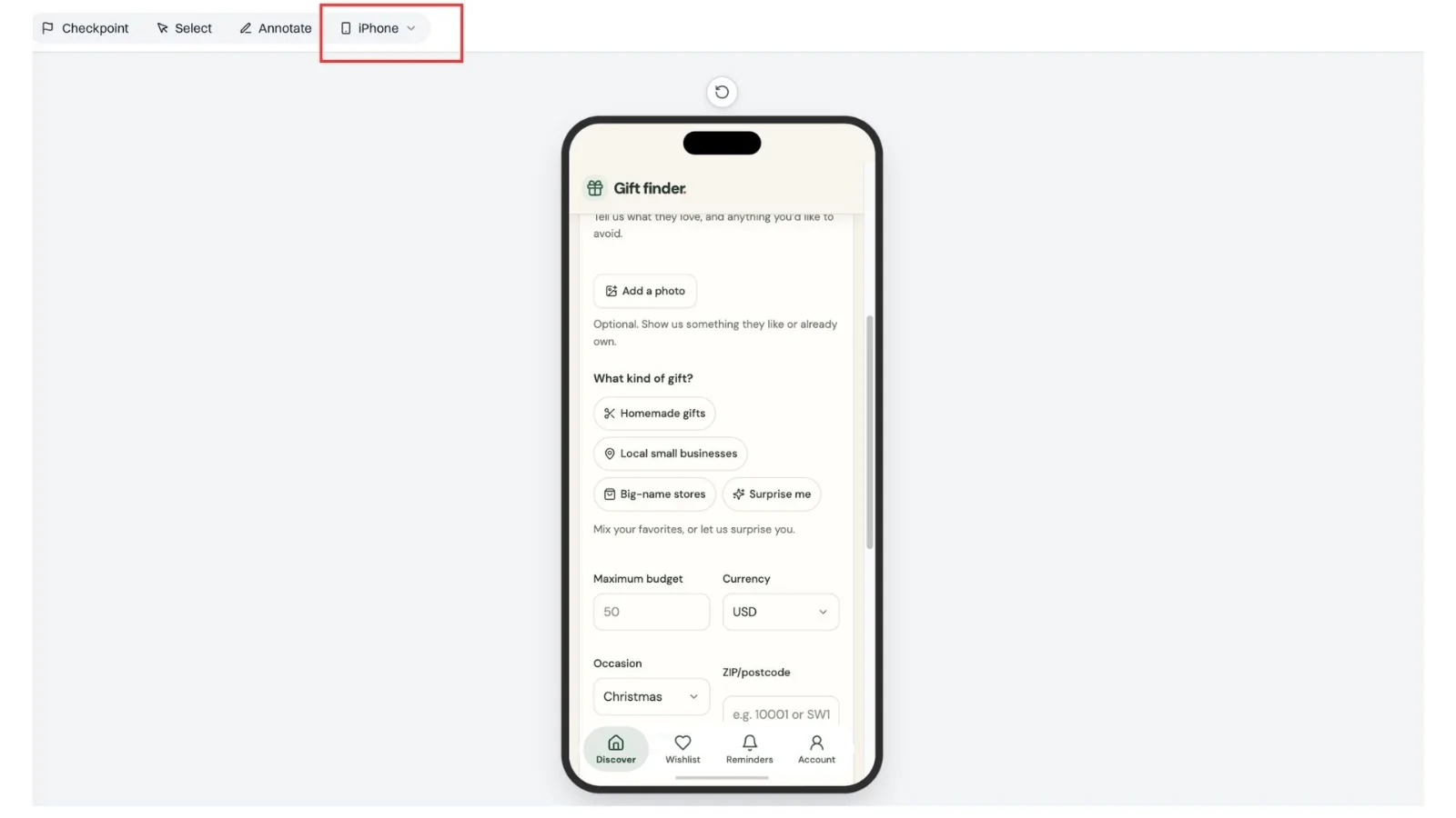 Figure 10 iPhone preview in Floot for checking the mobile layout and testing navigation.