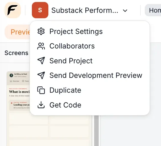 The project menu in Floot with Collaborators and Send Development Preview