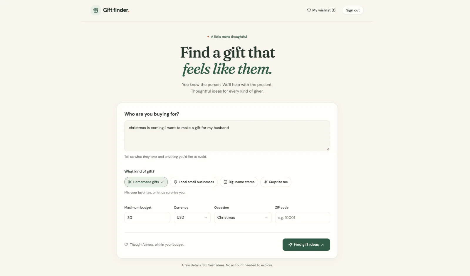 Figure 1 The basic gift-finder form with a description, categories, budget, occasion and postcode.