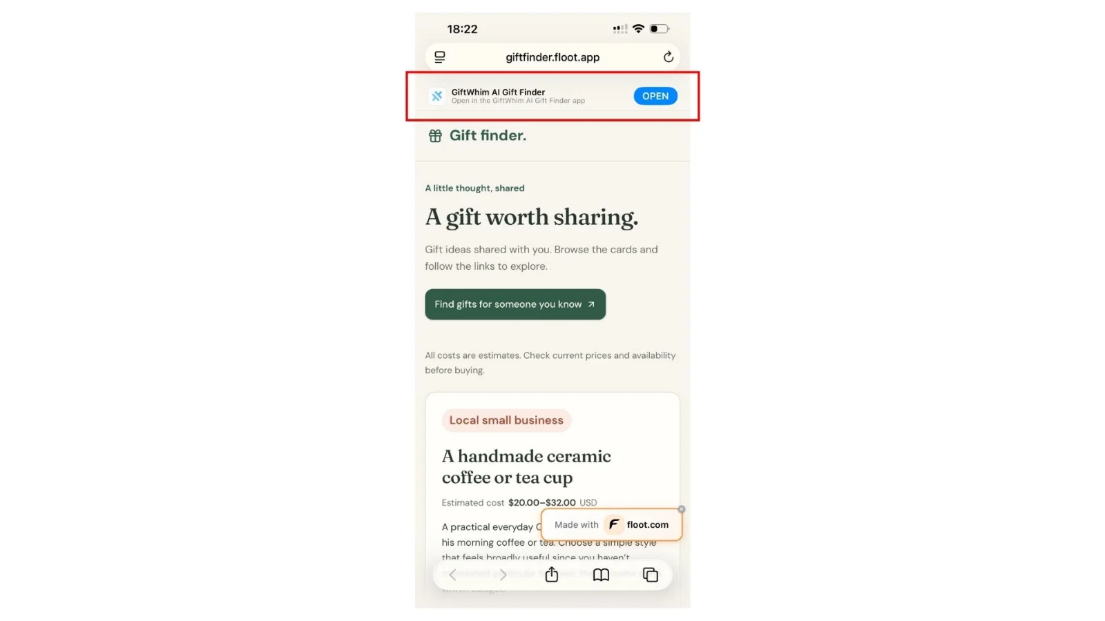 Figure 34 Safari recognises the installed app and offers Open. Test the direct wishlist handoff from Messages or Notes too.