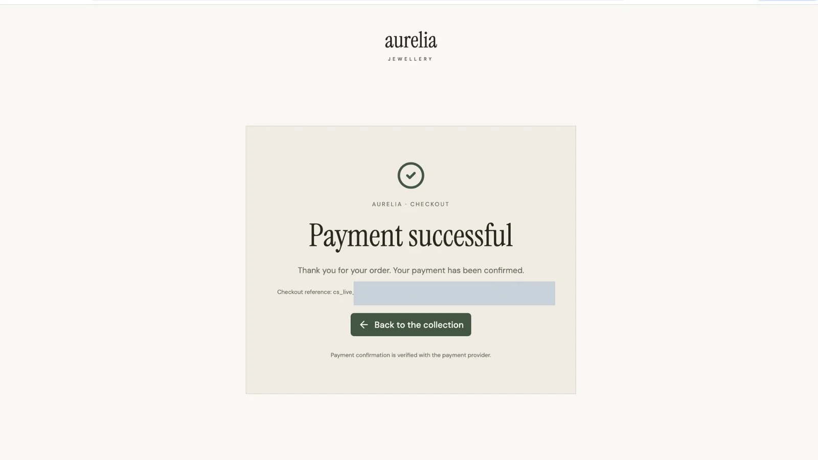 Aurelia payment successful screen after the live payment
