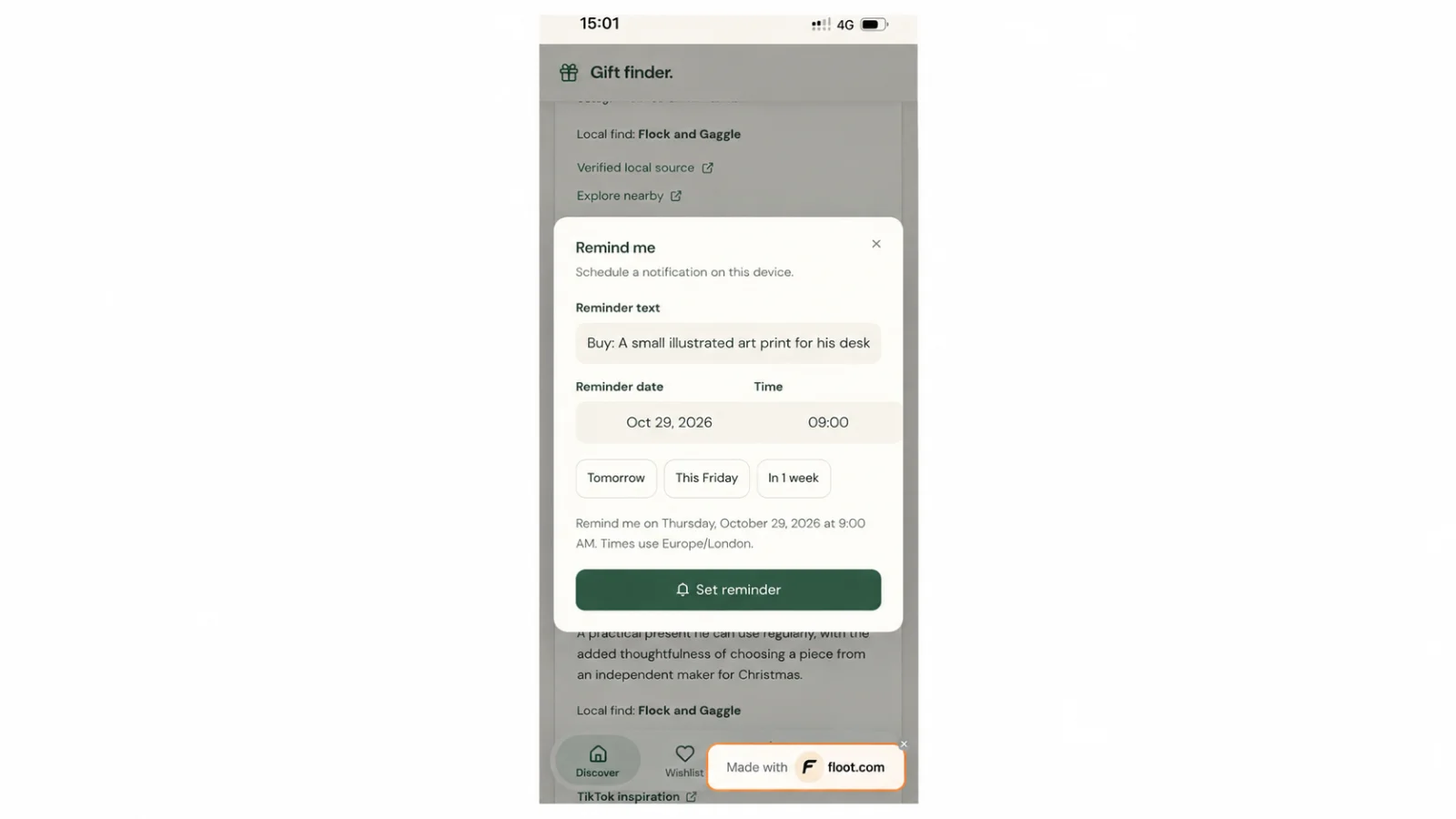 Figure 31 Choose a reminder date and time in the installed app.