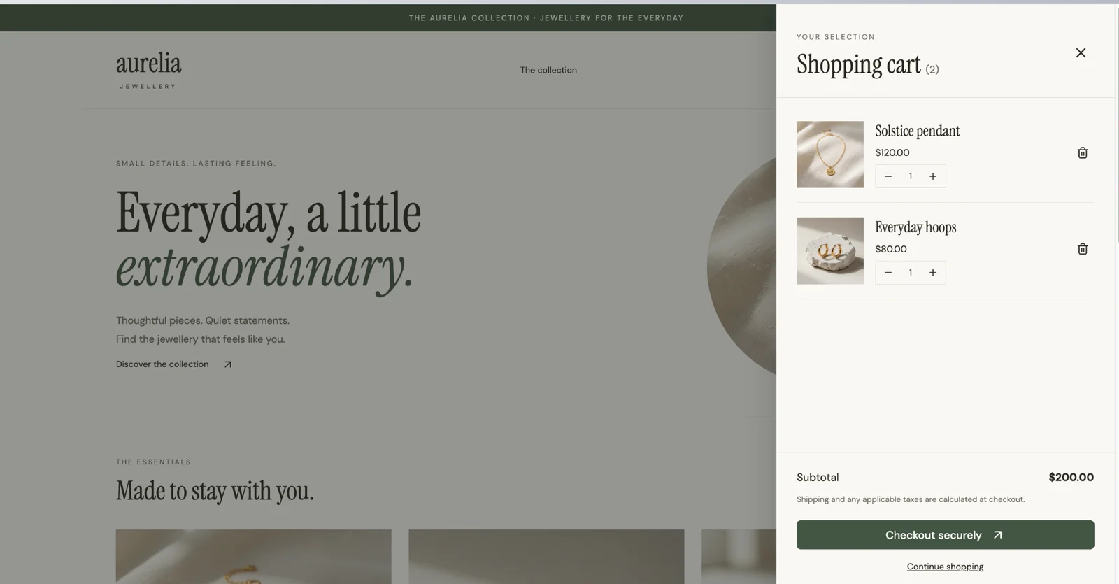Aurelia shopping cart with two products and a subtotal