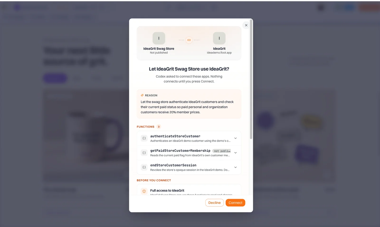 The Connect dialog listing the IdeaGrit features the swag store asks to use