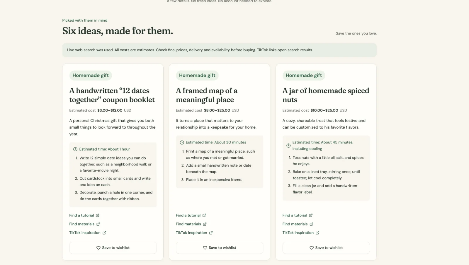 Figure 2 The starter version presents ideas as cards with an estimated cost, a reason, useful links and Save to wishlist.