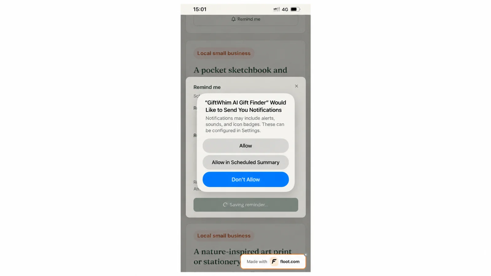 Figure 30 iOS requests notification permission when a reminder is first set.