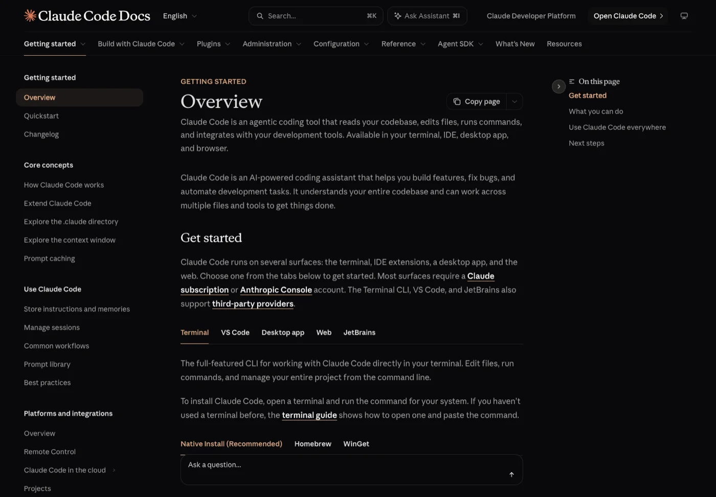 Claude Code Docs overview page with the Get started section and install tabs.