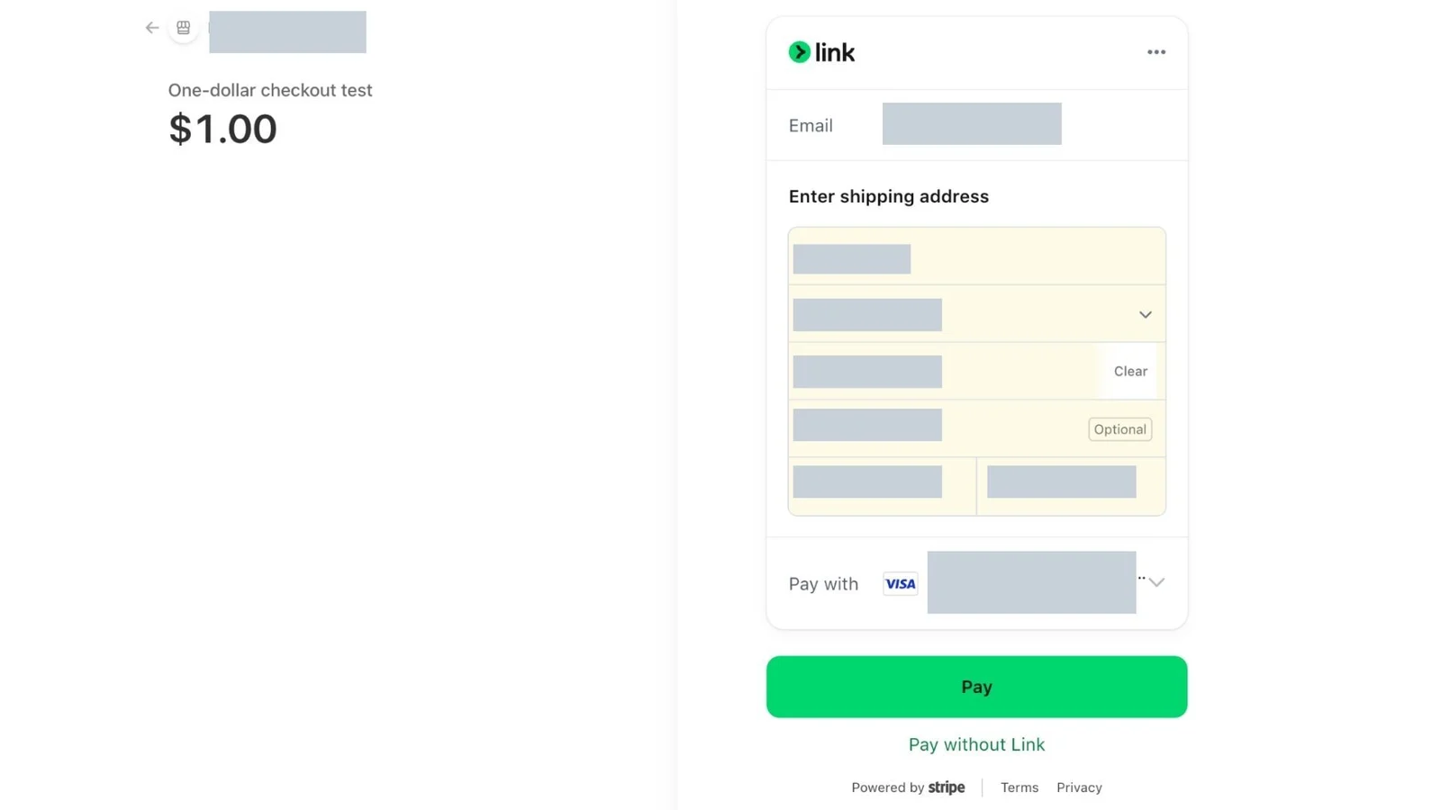 Stripe checkout for the $1.00 item on the published store