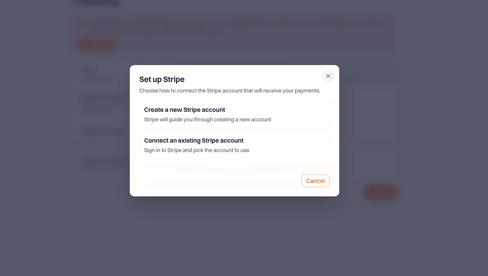 The Set up Stripe dialog: create a new Stripe account or connect an existing one