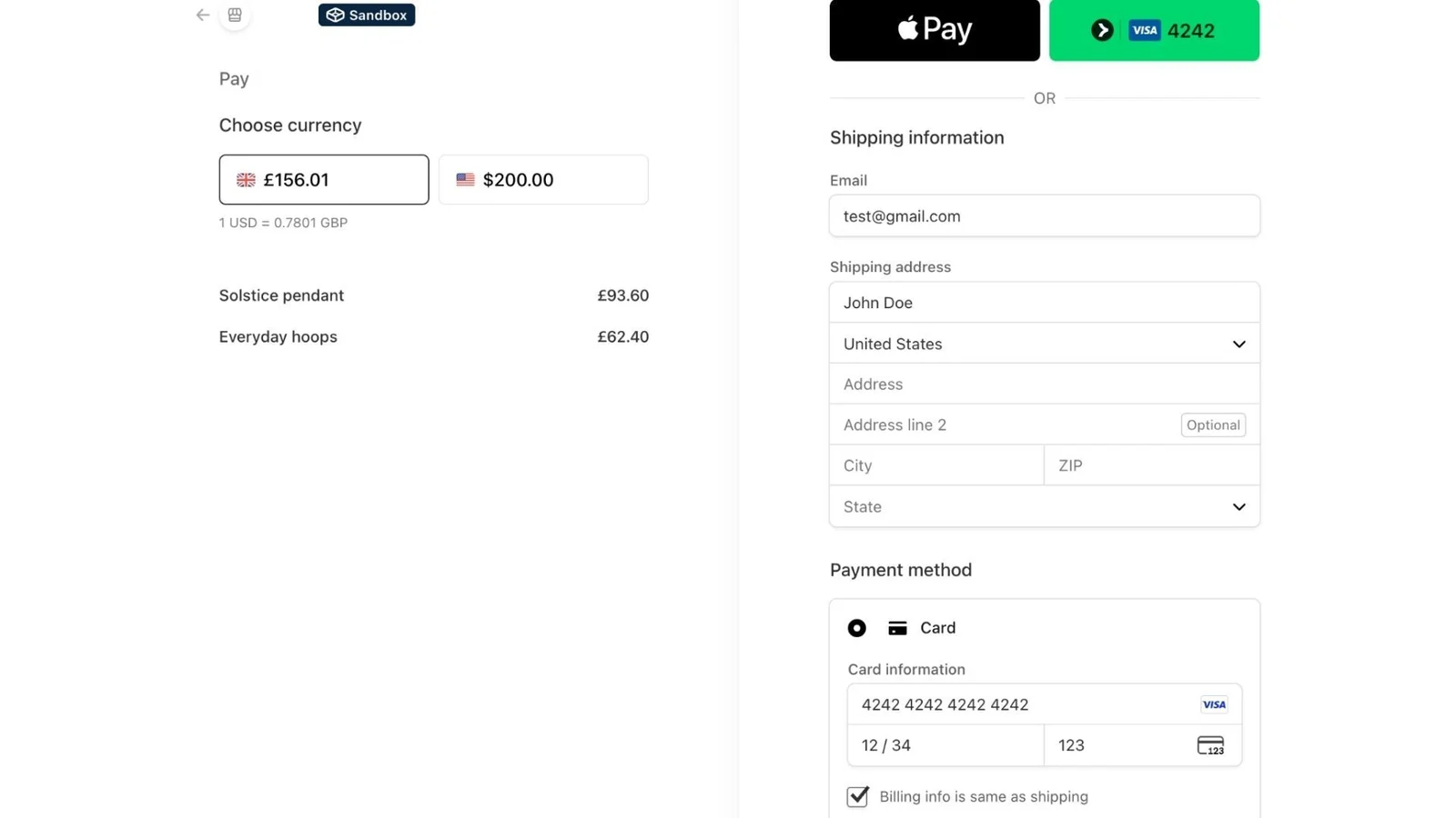 Stripe Checkout in test mode with the 4242 test card filled in