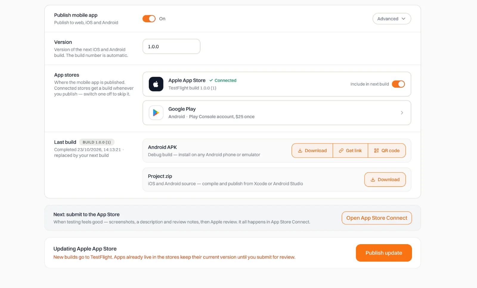 Figure 23 After the build finishes, use Open App Store Connect to continue.