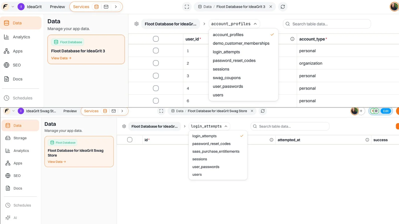 IdeaGrit's database tables above the swag store's separate database tables