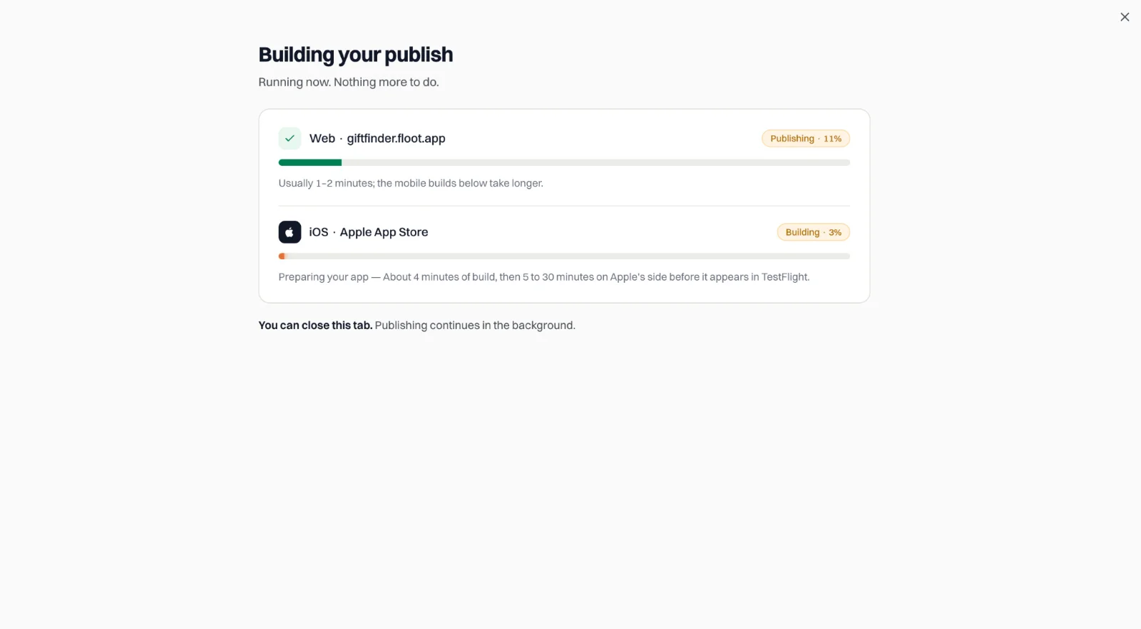 Figure 22 Floot publishes the website and builds the iOS app.