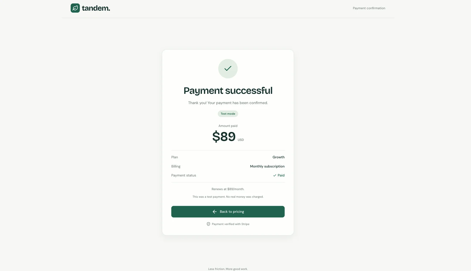 Tandem payment confirmation for the $89 Growth plan test subscription