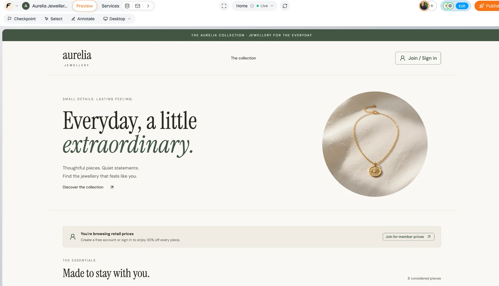 The Aurelia jewellery storefront built with Floot