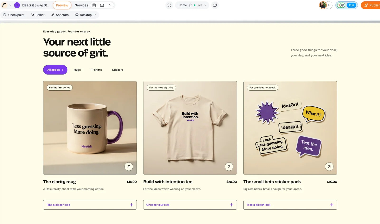 Swag store product cards showing regular prices to a visitor