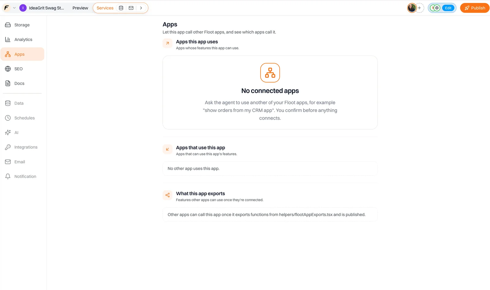 The Apps panel in the swag store's Floot editor, with no connected apps yet
