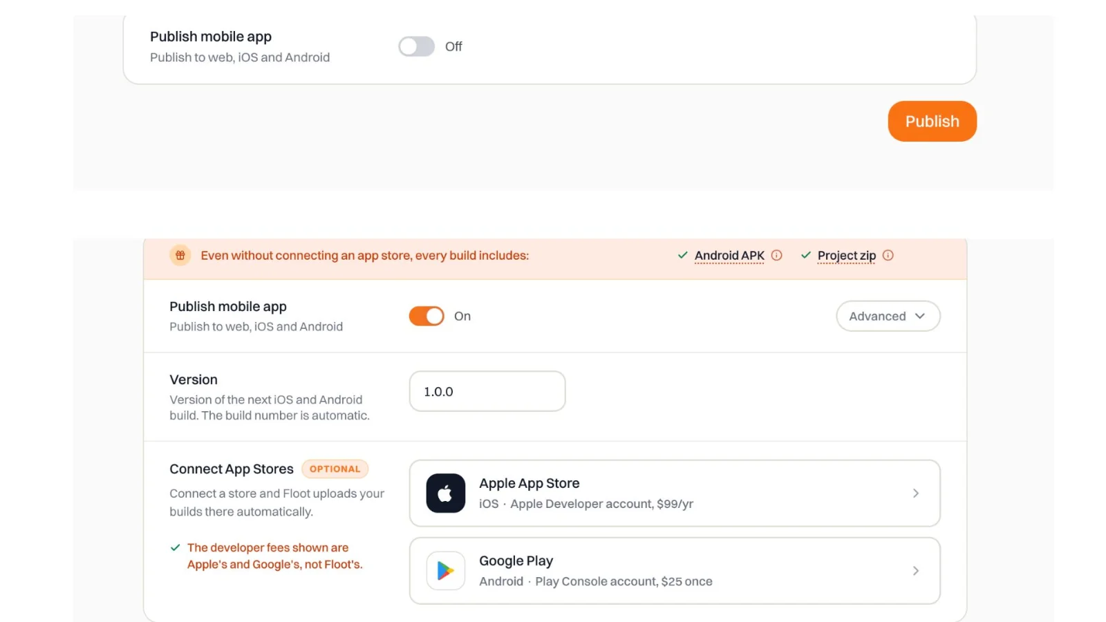 Figure 16 With Publish mobile app turned Off, the Apple App Store connection settings are hidden. Figure 17 Turning on Publish mobile app reveals the Apple App Store connection settings.
