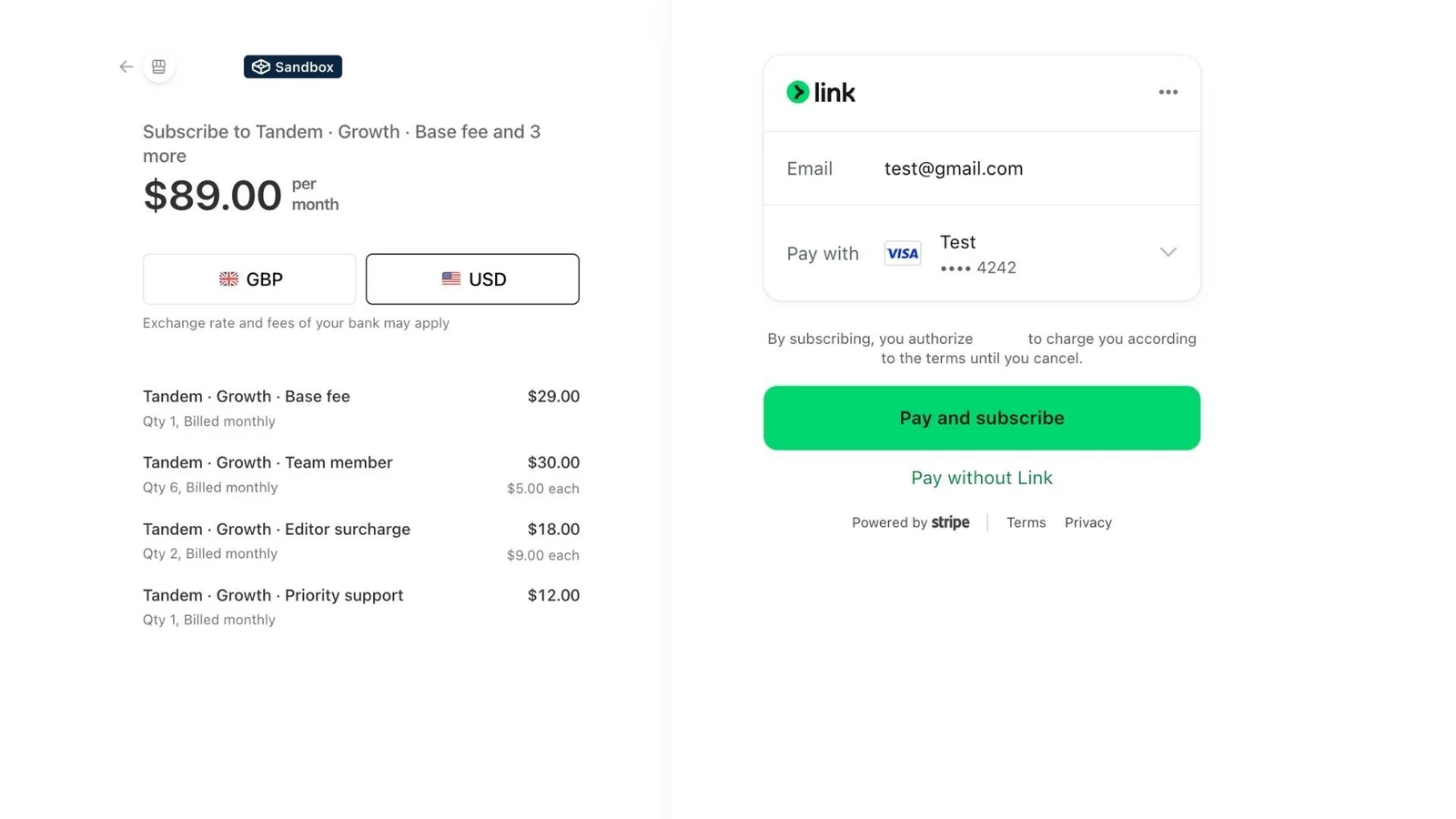 Stripe test checkout for an $89 monthly plan, listing the base fee, team members, editors and an add-on