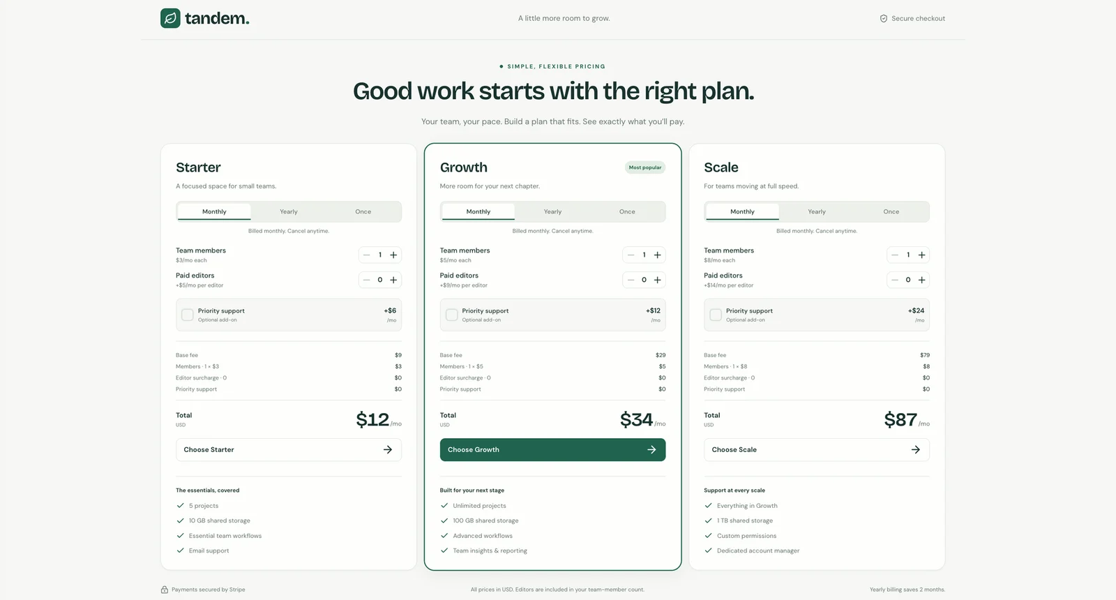 Tandem pricing page with Starter, Growth and Scale cards, seat counters and add-ons