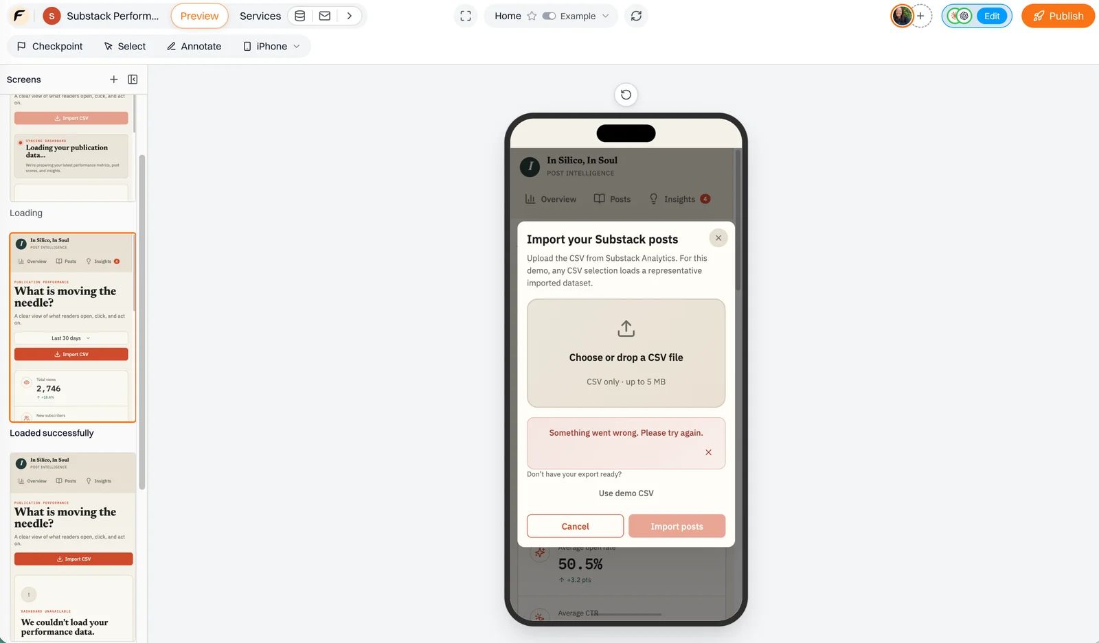 The same error state on a phone after the responsive fix