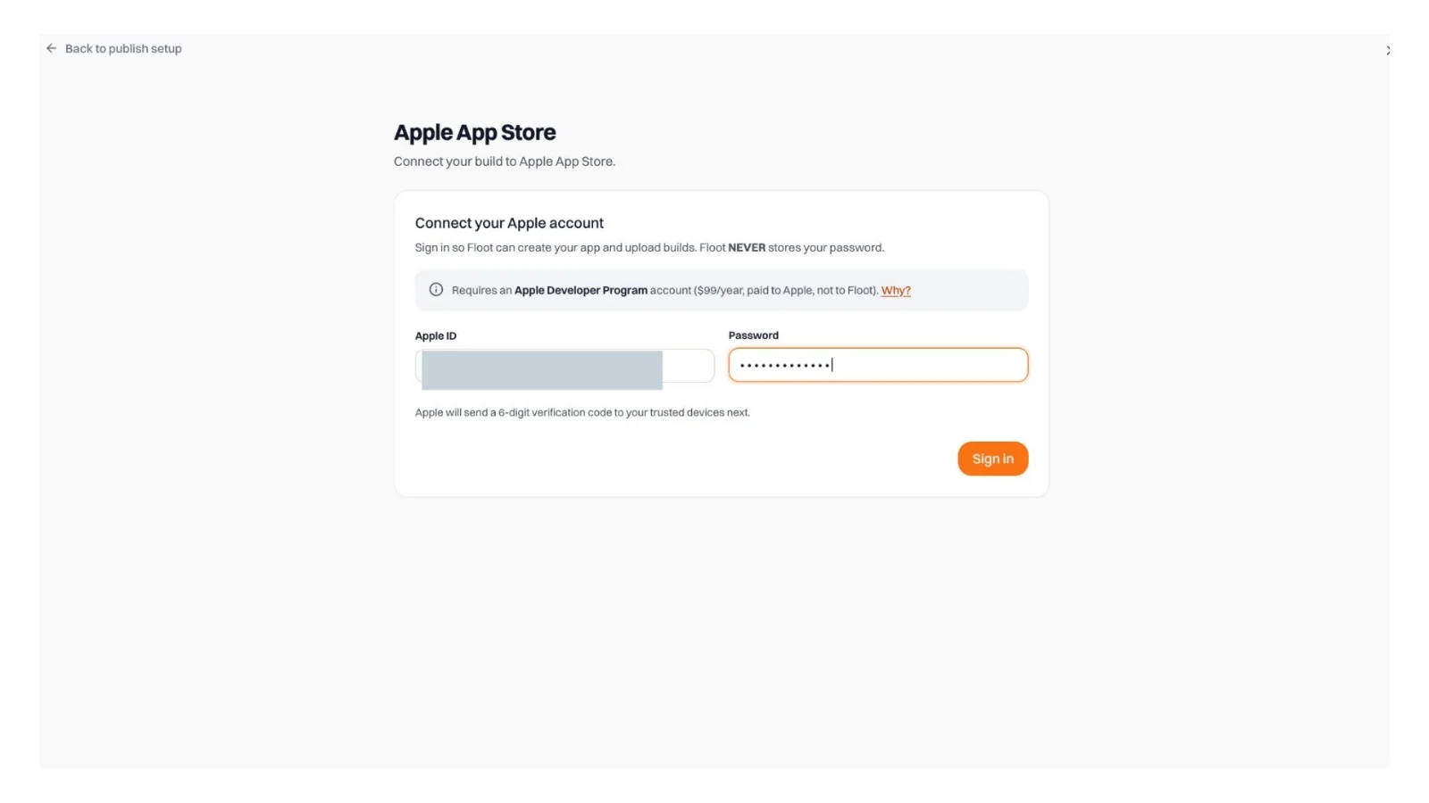 Figure 18 Connect your active Apple developer account through Floot.