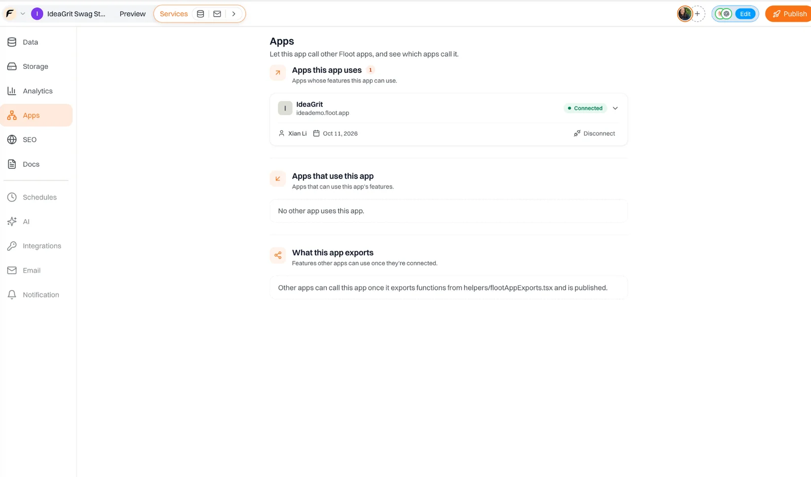 The swag store's Apps panel listing IdeaGrit under Apps this app uses