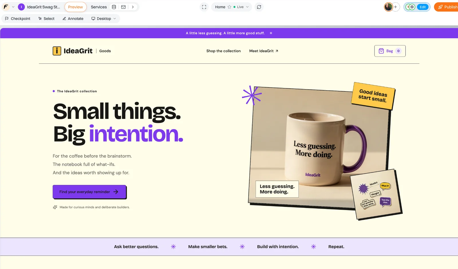 The IdeaGrit swag store with its own products and shopping bag