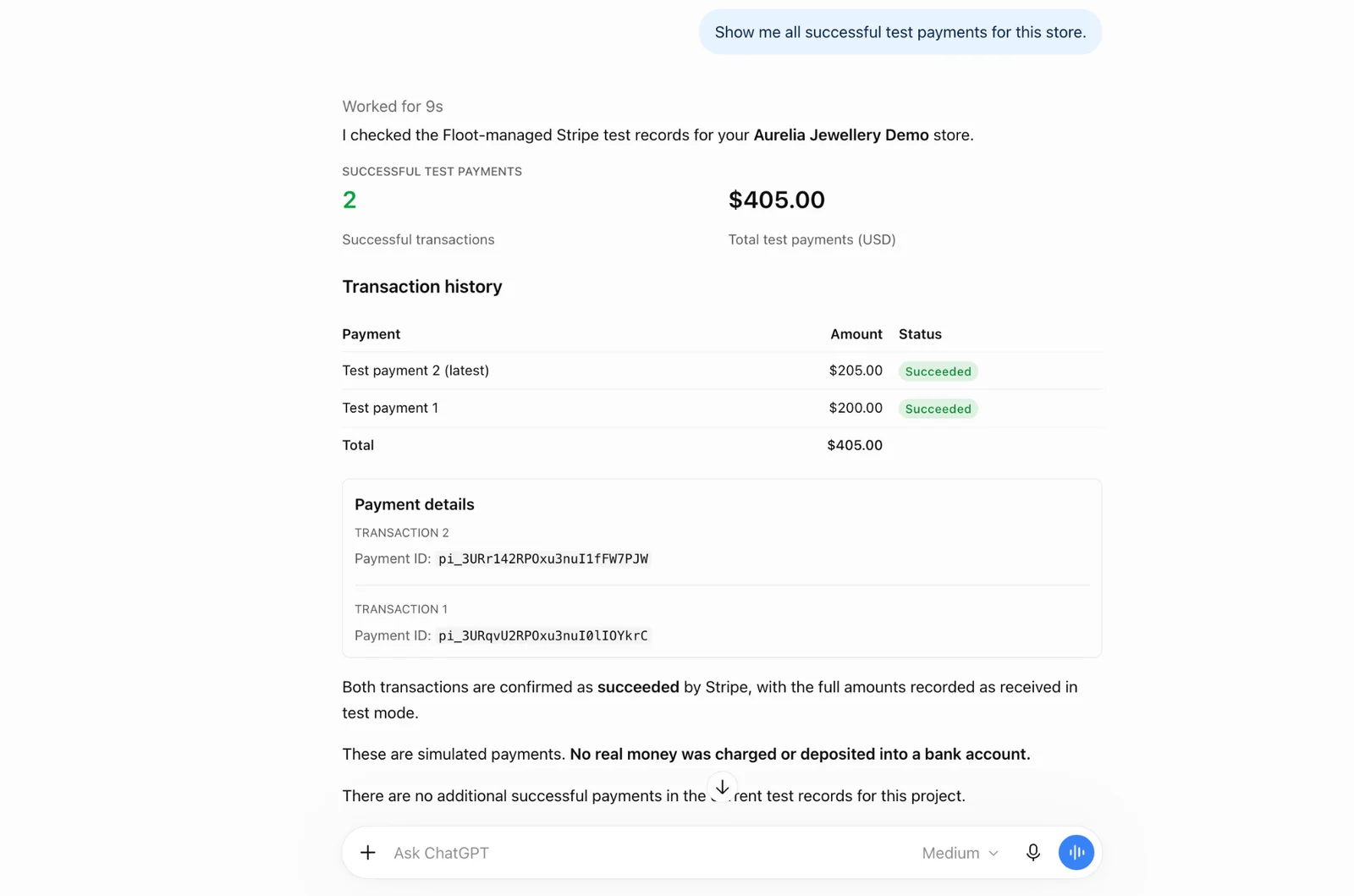 An assistant listing a store's successful test payments with amounts and statuses