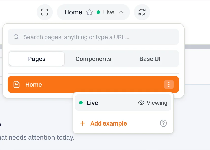 The page picker with a page's menu open, showing Live and Add example