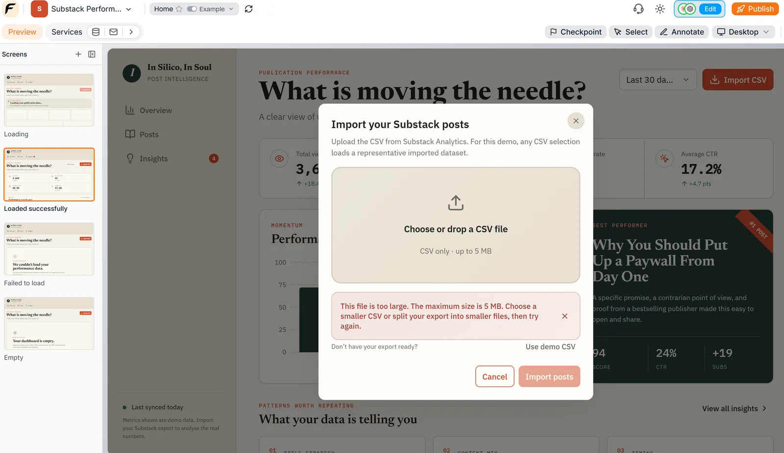 The same dialog explaining the 5 MB limit and what to do next
