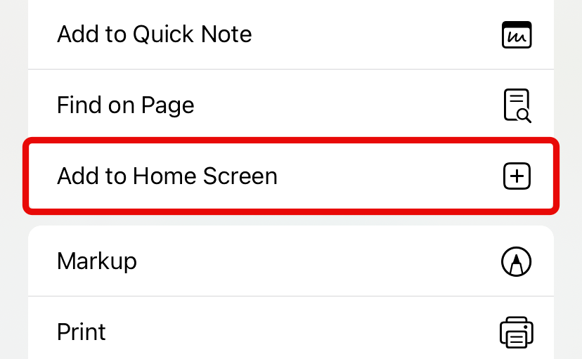 The "Add to Home Screen" option in the iOS share sheet