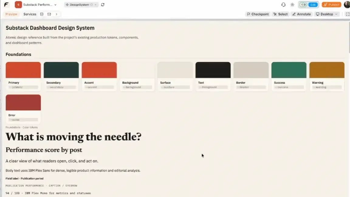 An example document with the product's colors, typography and components in one place